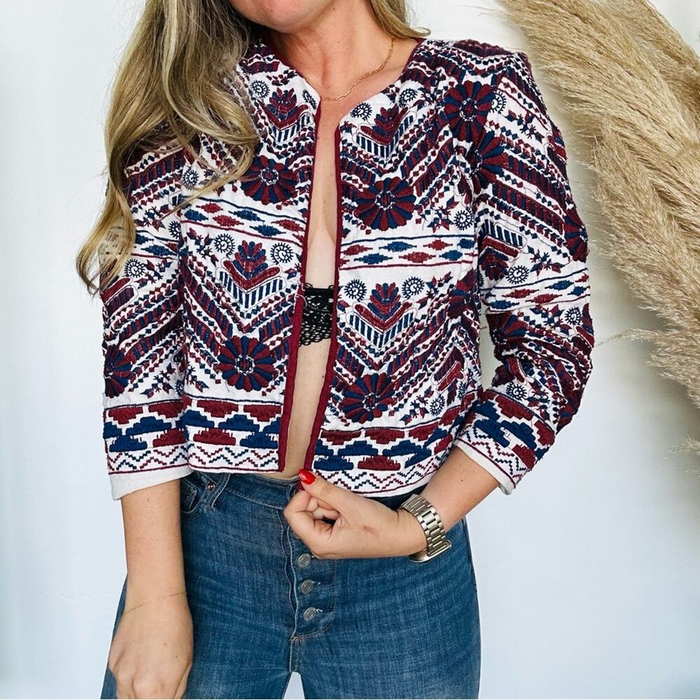 ANTHROPOLOGIE Blue Red White Greenwich Embroidered Print Open Cropped Jacket S